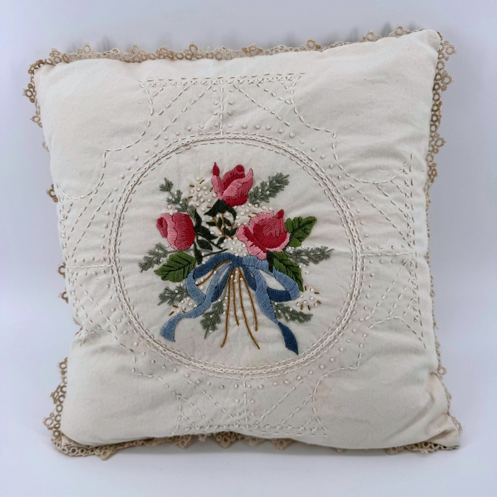 Embroidered Rose Floral Throw Pillow Home Decor Cream Lace Trim Vintage